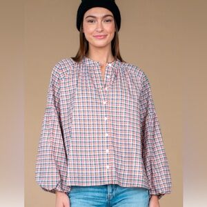 OLIVIA JAMES THE LABEL Emory Top Fireside Check Sz XS Dramatic Sleeve Cotton